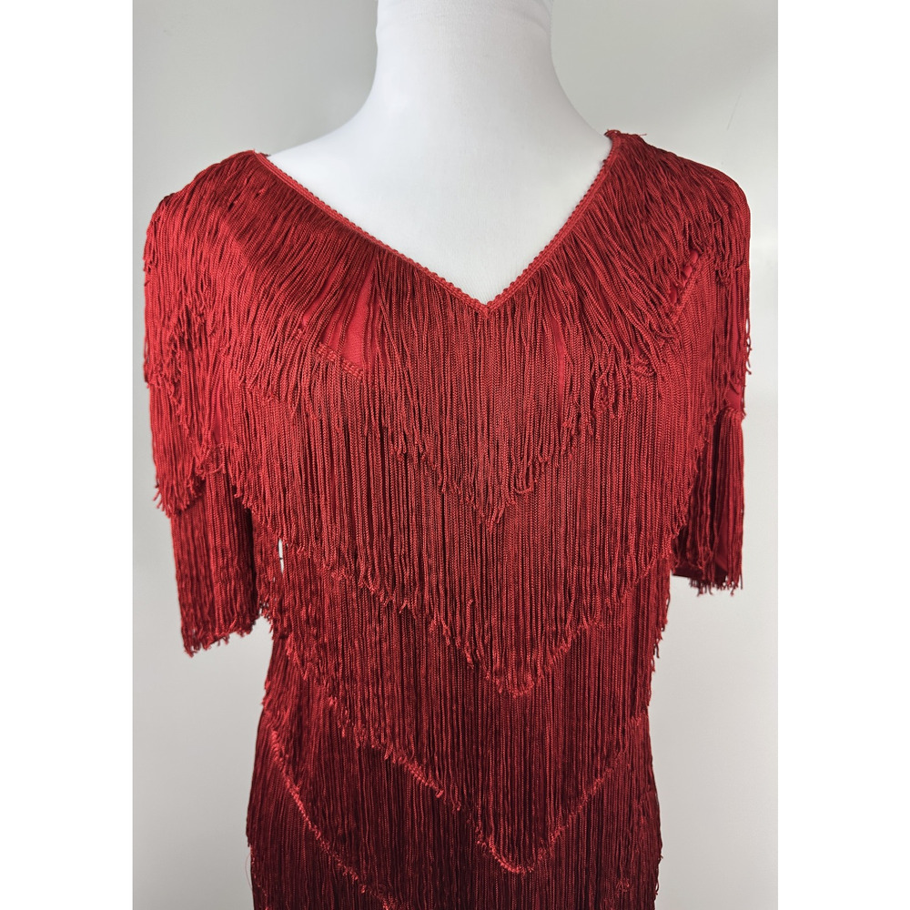 VTG 70s 80s Mister Jay Fringe Dress Red V-Neck No Size Party Holiday Flapper L - Picture 14 of 15